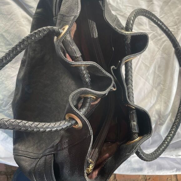 COLE HAAN  Pebble Leather Braided Drawstring Handle Black SHOULDER BAG HOBO - Picture 6 of 10